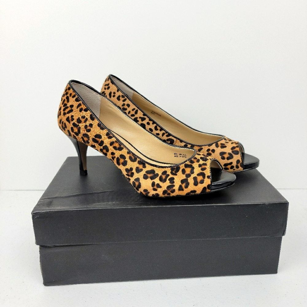 Ellen Tracy Leopard Fur Open Toe Heels